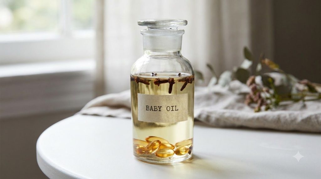 A close-up of a clear bottle containing Johnson s baby oil several vitamin E capsules and whole cloves resting on a clea