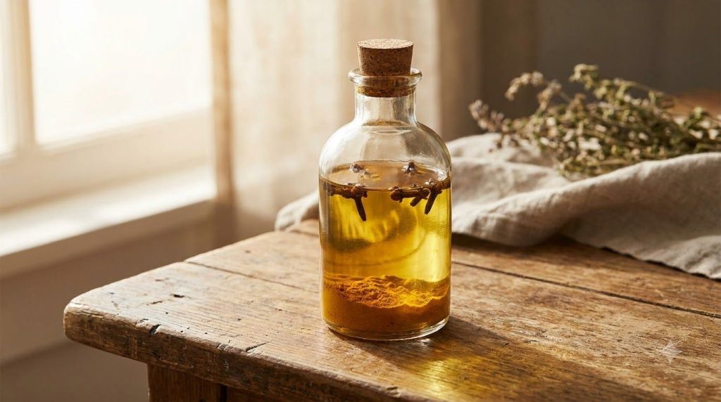 A clear bottle of baby oil infused with turmeric powder and whole cloves with loose turmeric powder and cloves scattered