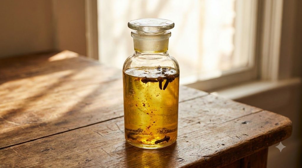 A bottle of Johnson s baby oil mixed with golden turmeric powder and whole cloves highlighting the vibrant color of the 
