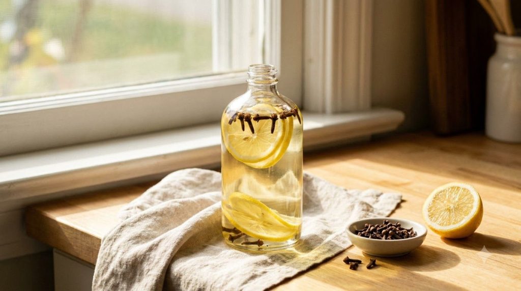 A clear bottle of baby oil infused with lemon slices and whole cloves next to fresh lemon slices and cloves on a clean s