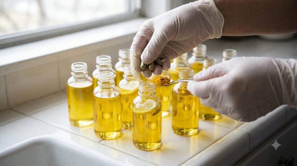 Hands actively adding various natural ingredients like green capsules lemon slices and turmeric powder into clear bottle