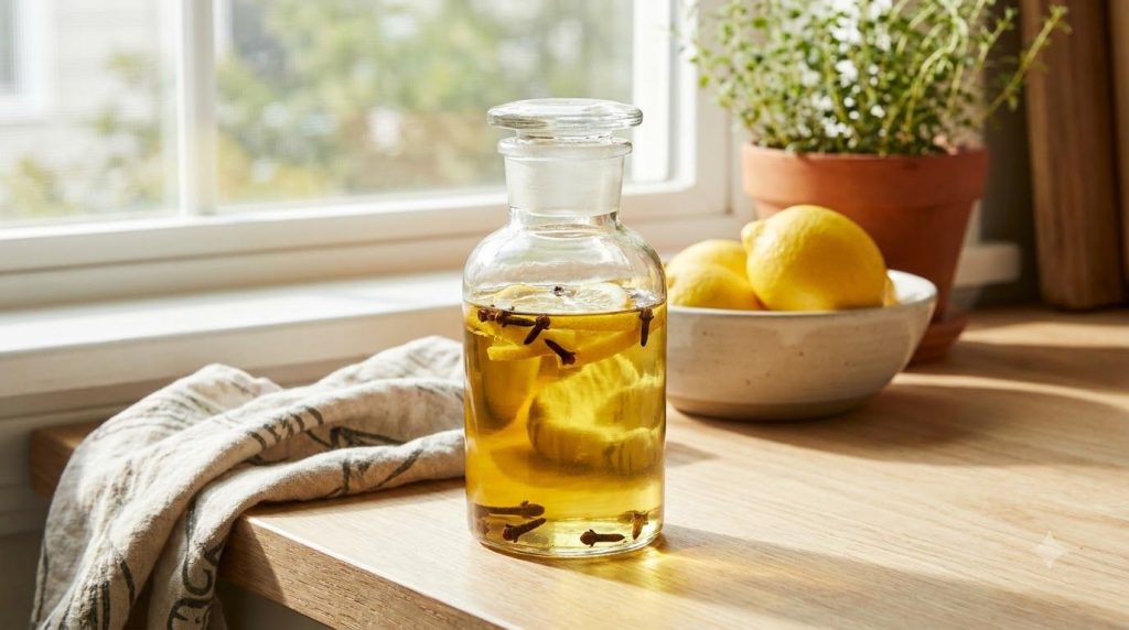 A clear bottle with Johnson s baby oil containing fresh lemon slices and whole cloves against a bright airy background e
