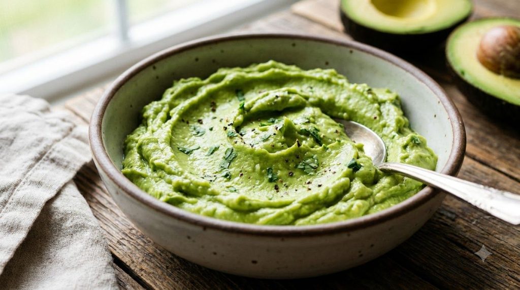 A close-up of a bowl with creamy mashed ripe avocado ready to be incorporated into the pancake batter