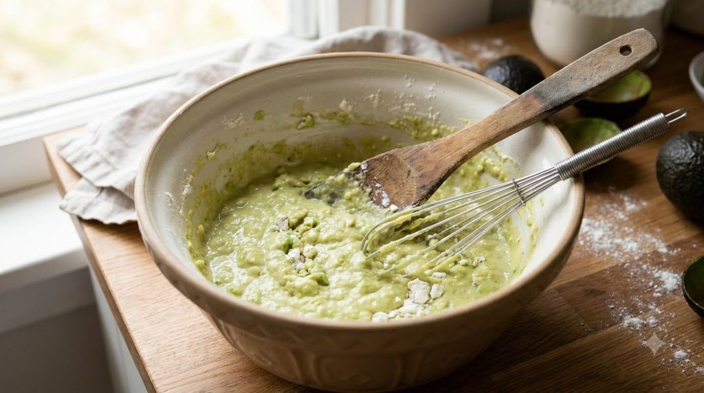 A bowl of light green pancake batter with tiny specks of avocado visible showing a slightly lumpy but well-mixed texture