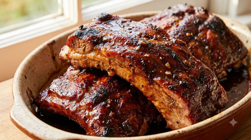 Close-up of perfectly sauced and caramelized slow cooker ribs after being finished under the broiler with a slightly cha
