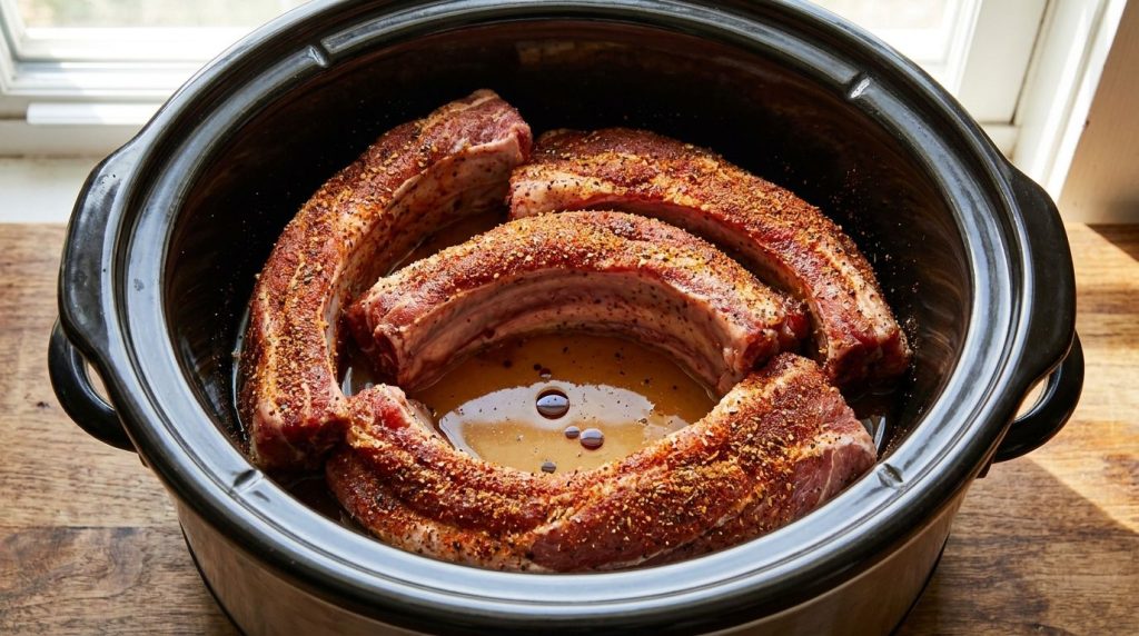 Raw seasoned ribs carefully arranged and curled inside a slow cooker pot with a little liquid at the bottom