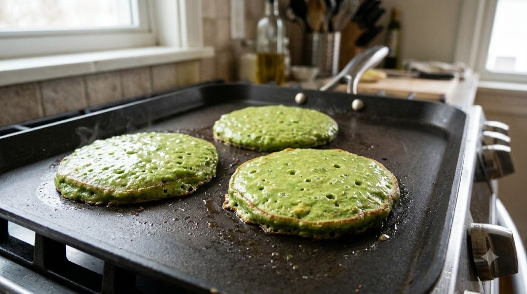 Two or three green avocado pancakes cooking on a hot griddle showing bubbles forming on the surface and golden brown edg