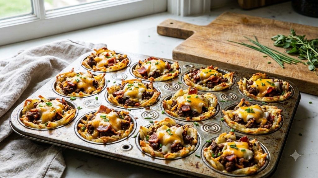Potato cups in a muffin tin filled with ground beef bacon and topped with shredded cheese ready for final baking