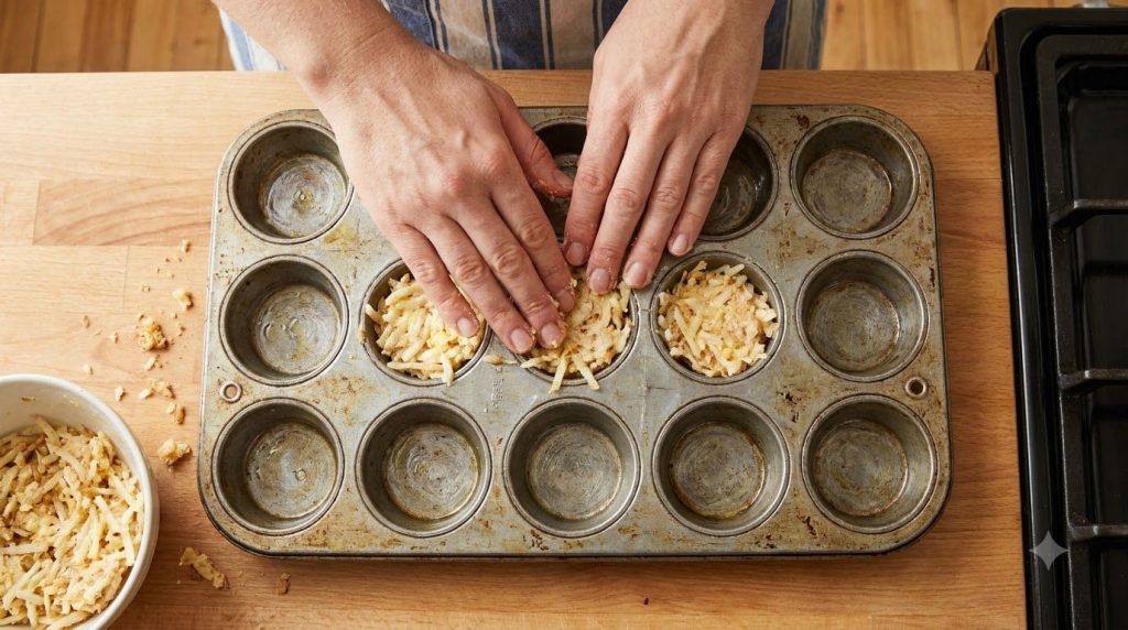 Grated potatoes mixed with egg and flour pressed into a muffin tin to form cups