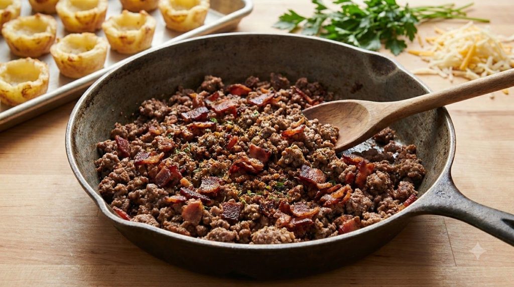 Cooked ground beef and crispy bacon mixed together in a skillet