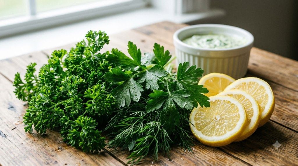 Freshly chopped herbs parsley dill chives and lemon wedges next to a small bowl of a vibrant green lemon-herb dip