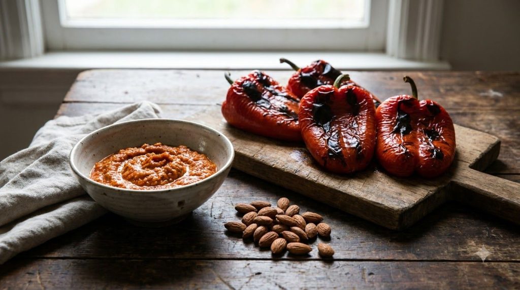 Roasted red bell peppers and almonds arranged next to a bowl of reddish-orange romesco sauce garnished with fresh herbs
