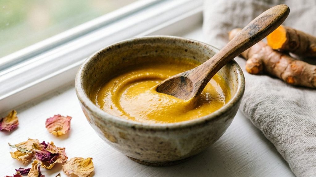 A close-up shot of a small bowl containing a golden turmeric face mask paste with a mixing spoon