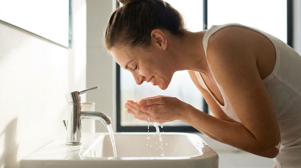 A woman gently rinsing her face with water showing clean and radiant skin after using a face mask