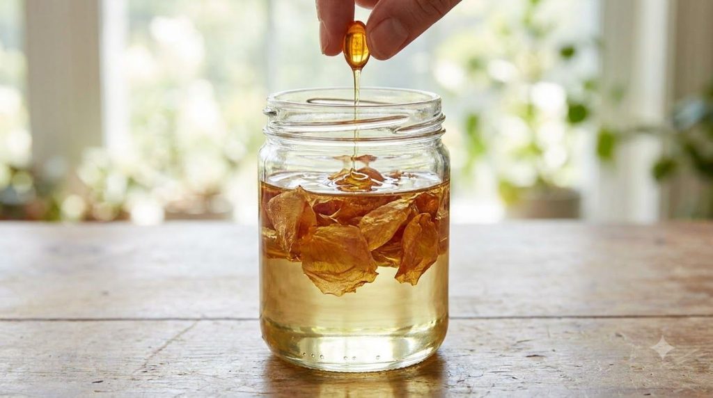 A close-up of dried rose petals infusing in a glass jar filled with almond and baby oil with vitamin E oil being squeeze