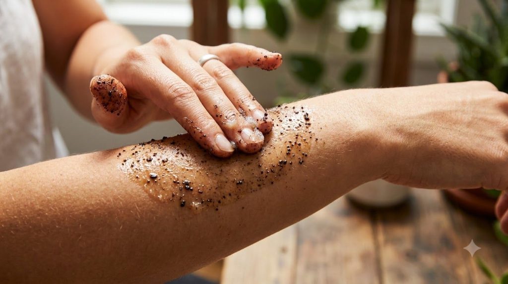 A person s hand gently applying the homemade coffee and Vaseline scrub to their forearm showing the textured scrub on th