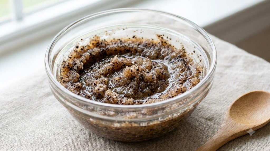 A close-up of the mixed coffee Vaseline brown sugar and coconut oil scrub in a small glass bowl showing its grainy textu