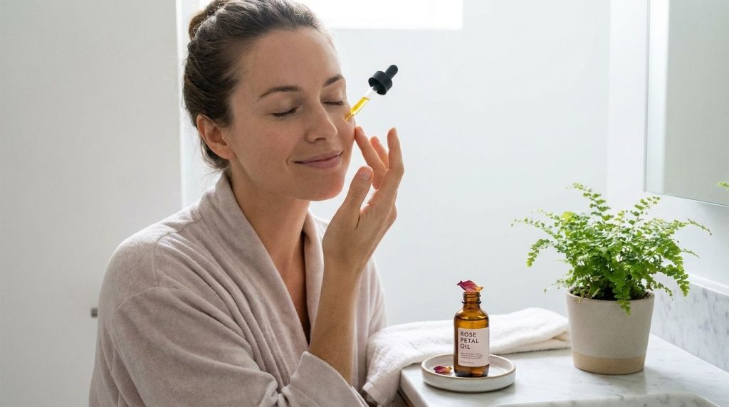 A woman gently massaging rose petal beauty oil onto her face with a serene expression in a softly lit bathroom setting