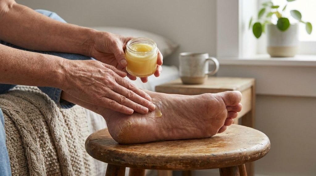 A woman gently massaging the homemade balm into her dry heel demonstrating the application process