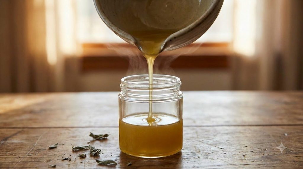 A close-up of the melted balm mixture being poured into a small glass jar showing its smooth golden texture