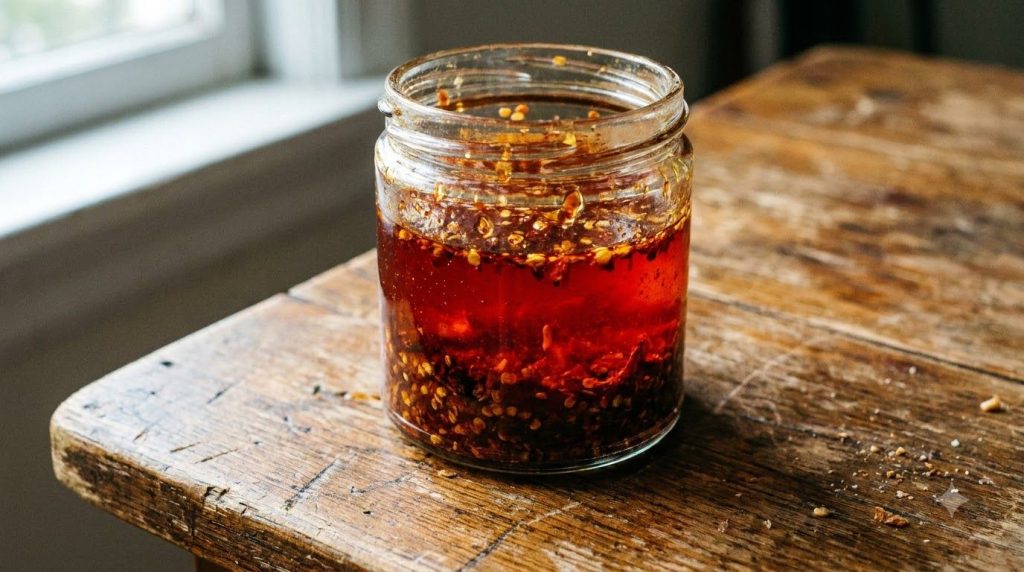 A close-up shot of vibrant red homemade chili oil in a clear glass jar with chili flakes and infused aromatics visible a