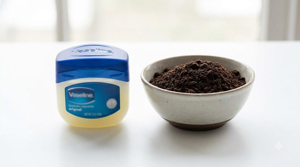 Close-up shot of a small jar of Vaseline a bowl of fresh coffee grounds and a few roasted coffee beans on a clean light-