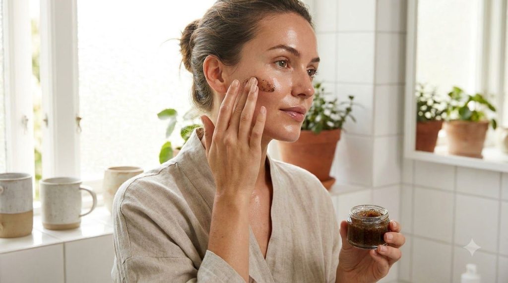 A woman gently applying a small amount of the homemade coffee and Vaseline gel to her clean freshly washed face focusing