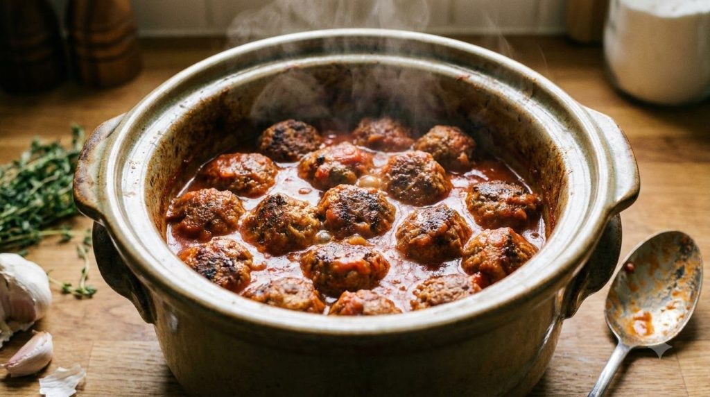 Tender crockpot meatballs simmering in a rich red tomato sauce