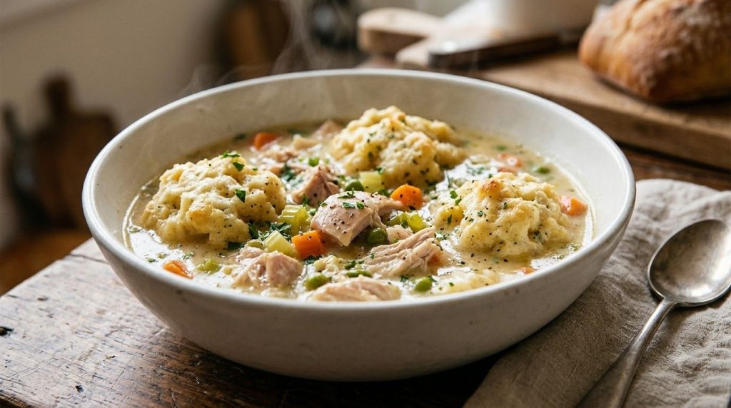 A bowl of creamy chicken and dumplings with tender chicken pieces and fluffy dumplings