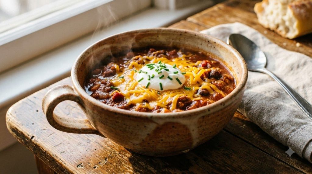 A bowl of hearty crockpot chili topped with shredded cheese and a dollop of sour cream
