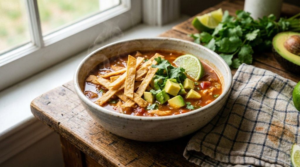 A vibrant bowl of crockpot chicken tortilla soup garnished with tortilla strips avocado and cilantro