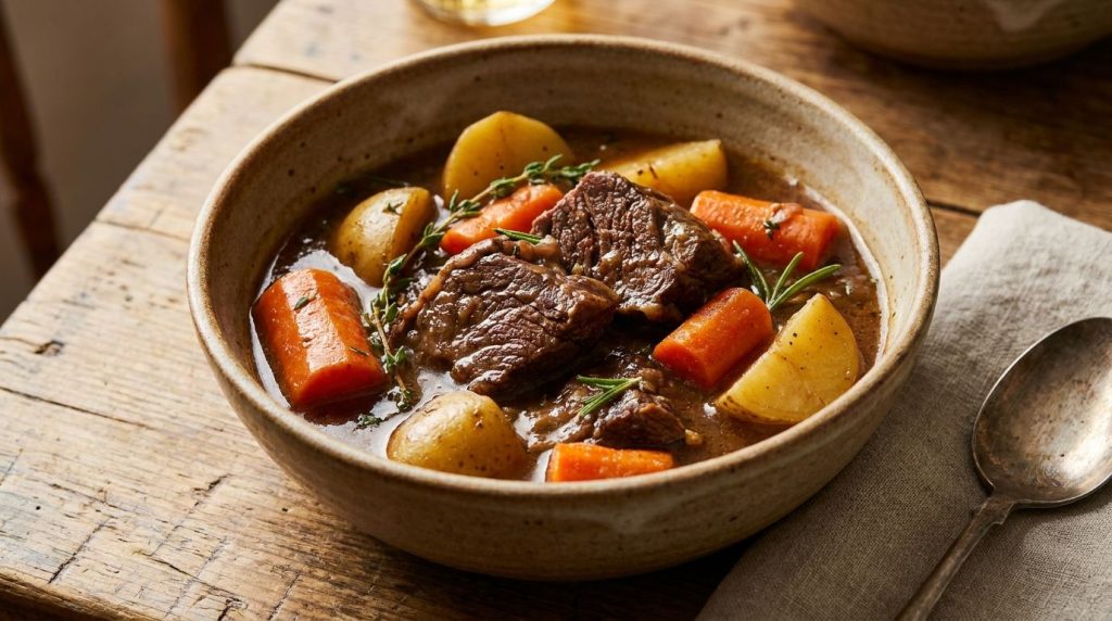 A hearty bowl of classic crockpot beef stew with tender beef and chunky vegetables