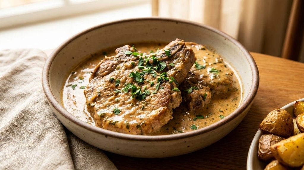 Tender crockpot ranch pork chops in a creamy sauce garnished with fresh herbs