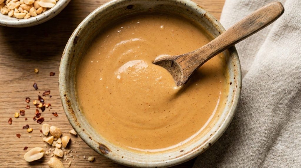 A close-up of a perfectly whisked rich peanut sauce in a ceramic bowl