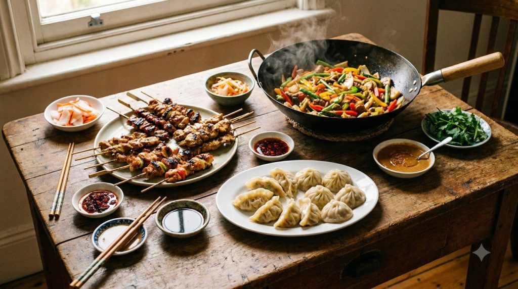 A variety of Asian dishes like stir-fry grilled chicken and dumplings being served with the homemade sauces