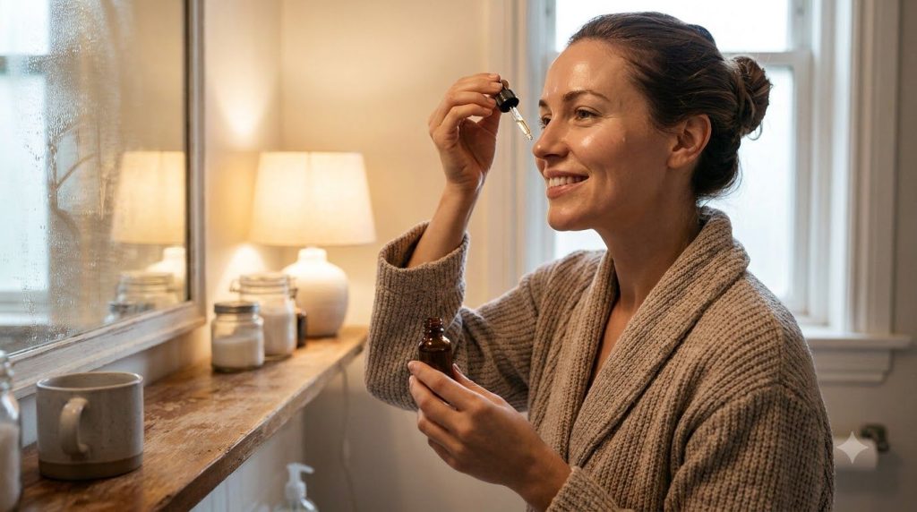 A woman gently massaging a few drops of homemade oil onto her face focusing on anti-aging areas in a soft natural light