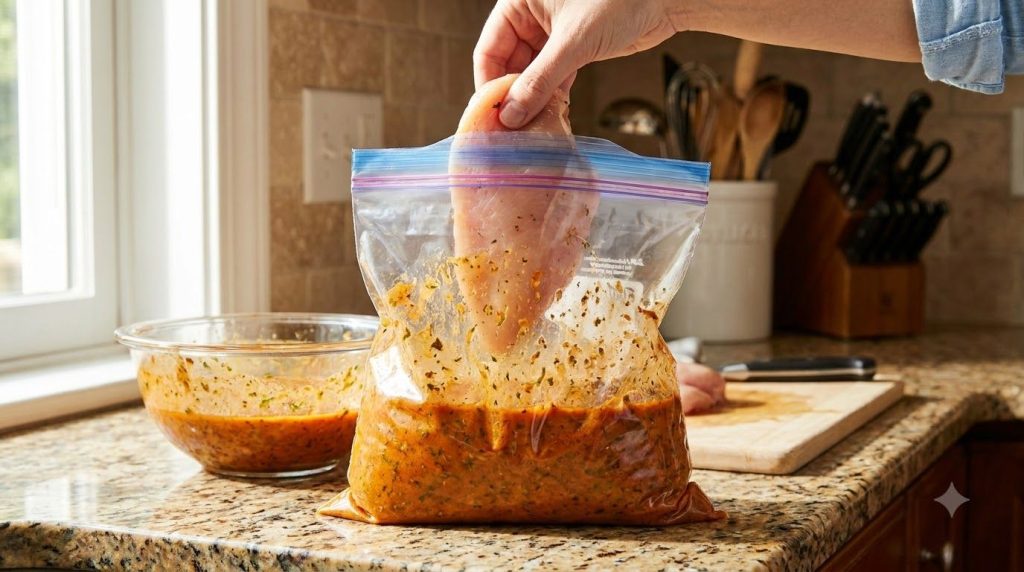 Chicken pieces being added to a resealable bag with marinade