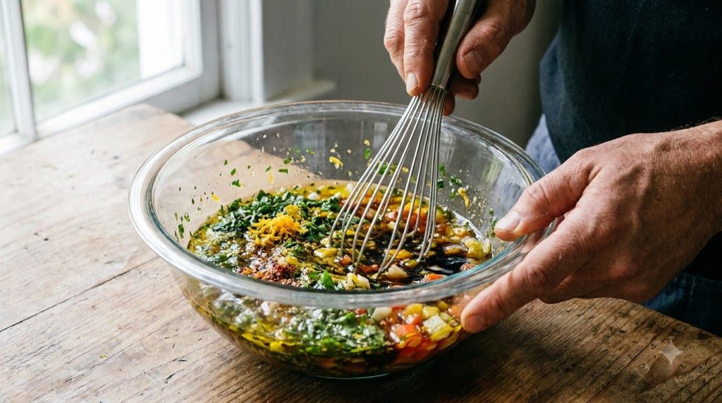 Close-up of hands whisking together marinade ingredients in a bowl