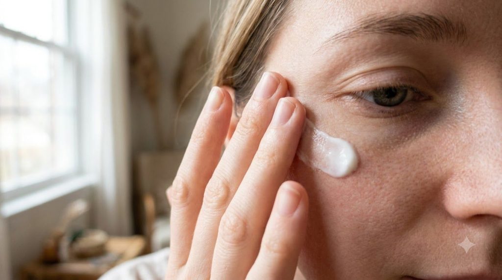 Close-up of fingers gently massaging a small amount of homemade cream onto the forehead or around the eyes