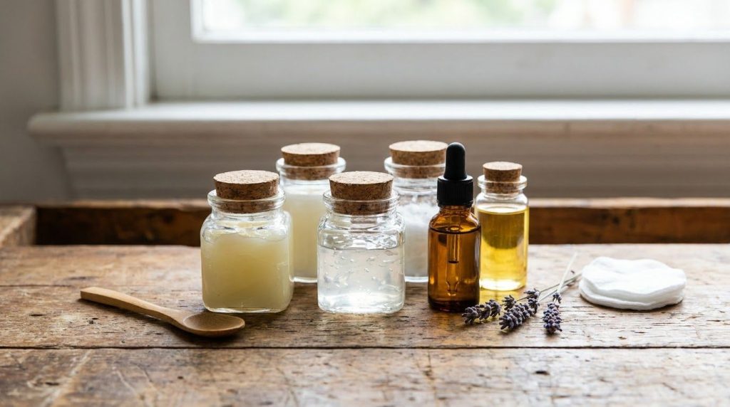 Small glass jars of petroleum jelly aloe vera gel and a bottle of sweet almond oil on a wooden surface ready for mixing