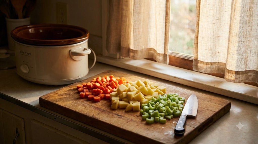 Chopped carrots potatoes and celery ready to be added to a slow cooker