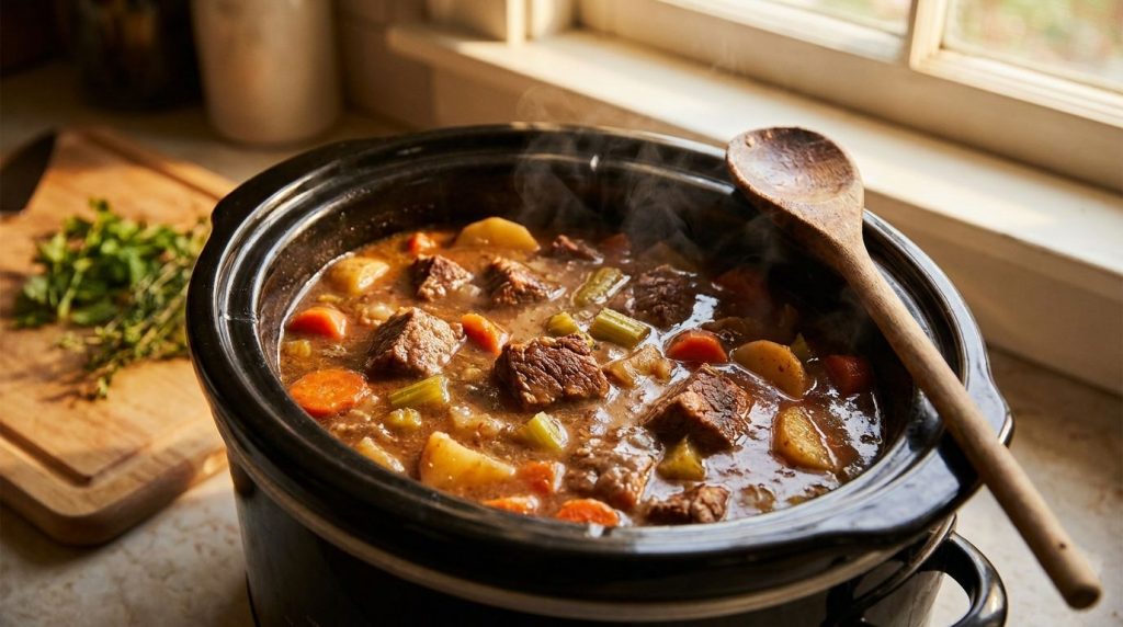 Beef stew bubbling gently in a slow cooker almost ready