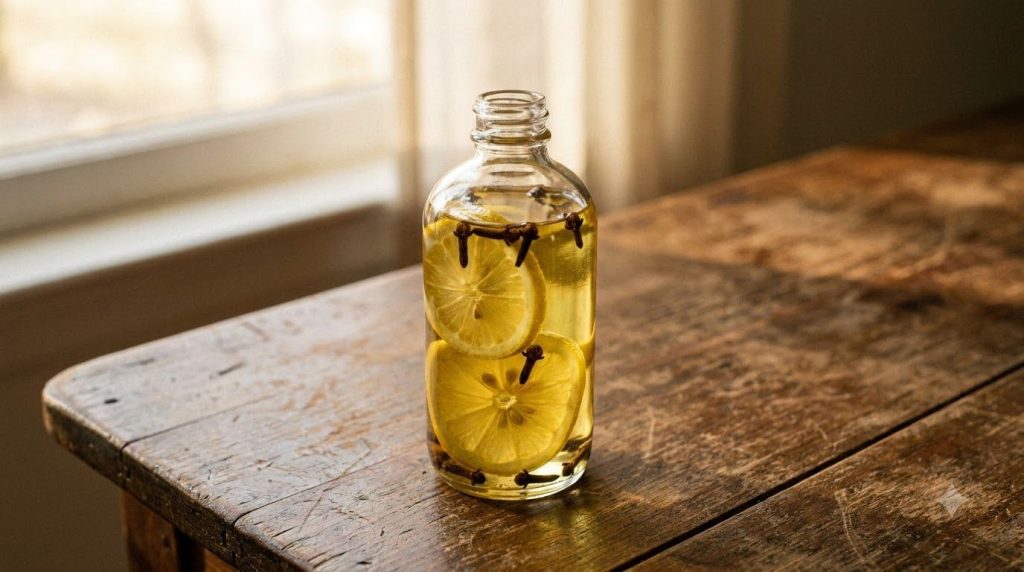 A close-up of lemon slices and whole cloves infusing in a clear bottle of baby oil on a rustic wooden table