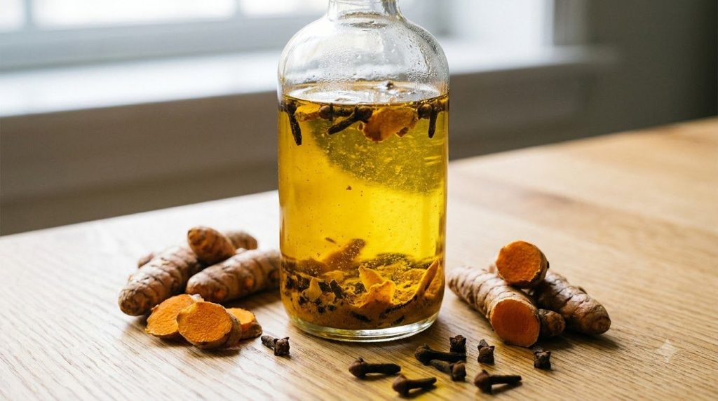 A vibrant mixture of turmeric powder and whole cloves infusing in a clear bottle of baby oil with fresh turmeric root an