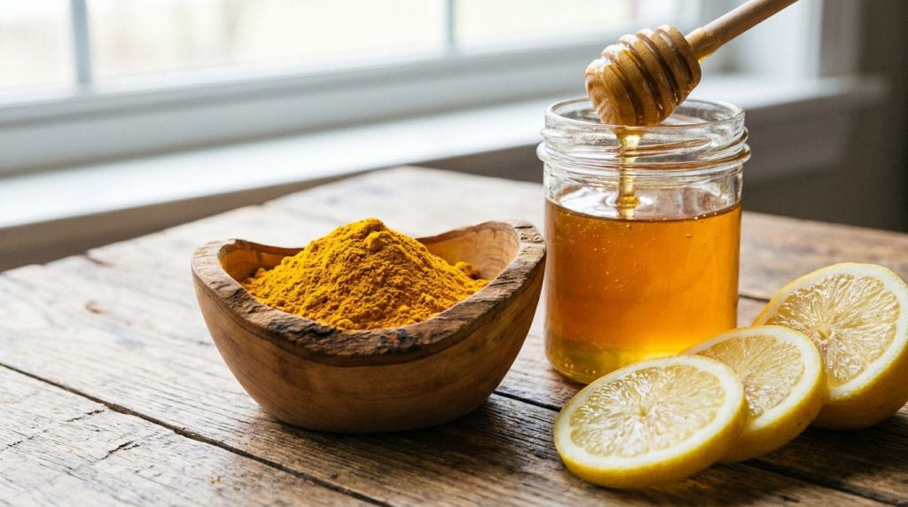 Various natural skincare ingredients a small bowl of turmeric powder a pot of honey with a dipper and a few sliced lemon