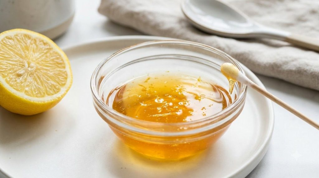 A small dish with a honey and lemon mixture a cotton swab and a sliced lemon nearby