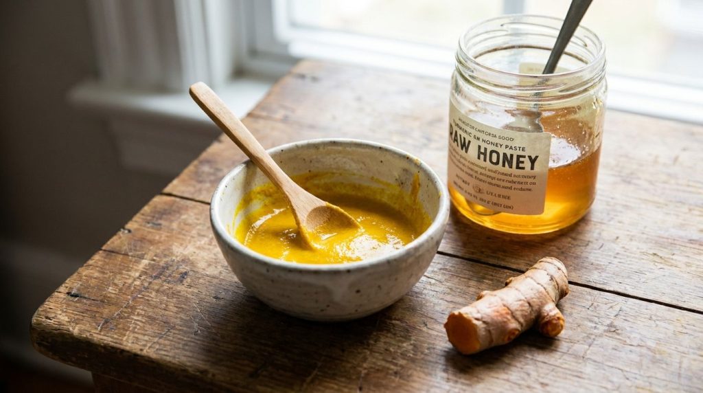 A small bowl containing a yellow turmeric and honey paste with a spoon next to a raw turmeric root and a jar of honey