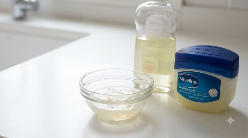 A small bowl with a mixture of baby oil and Vaseline next to a bottle of baby oil and a tub of Vaseline on a smooth surf