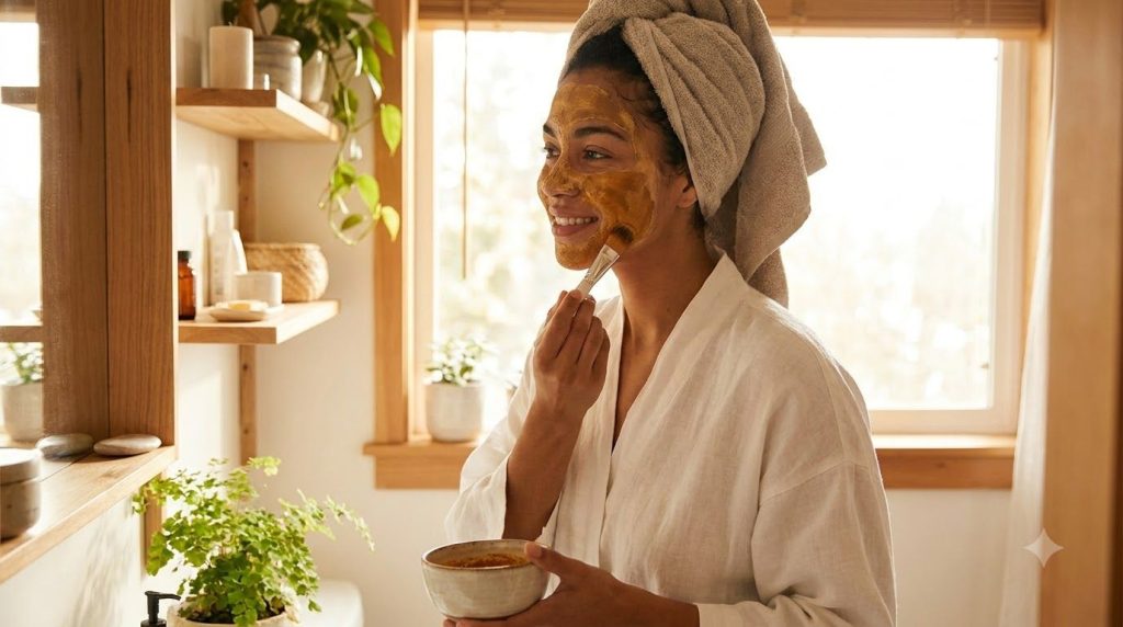 A woman gently applying a homemade face mask possibly a turmeric and honey blend to her face in a well-lit bathroom or b