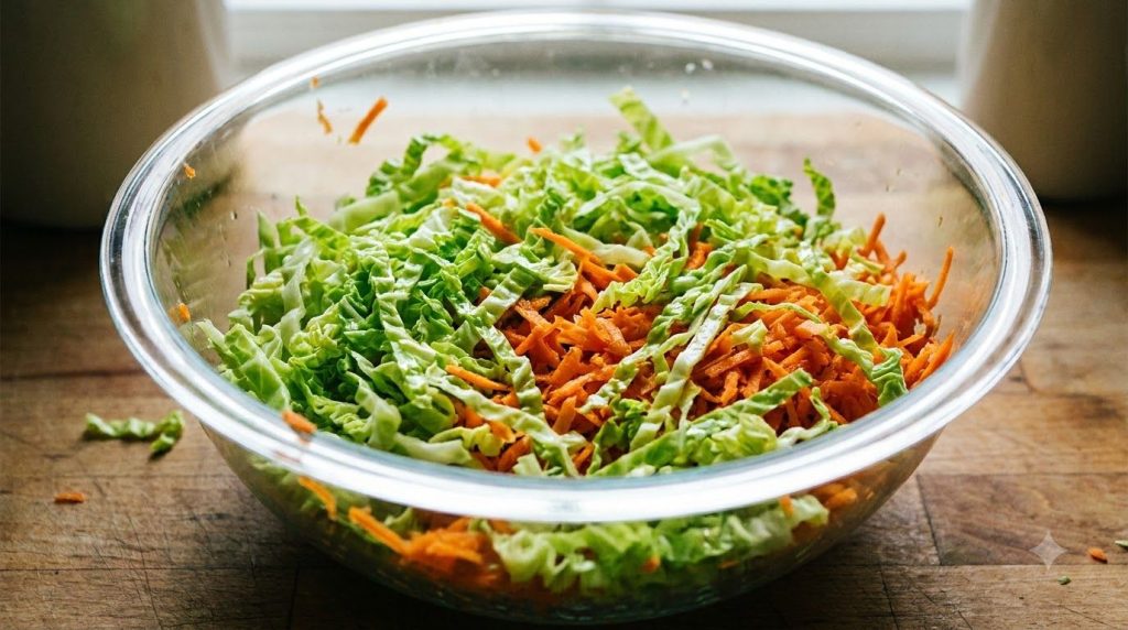 A close-up of thinly shredded green cabbage and grated carrots in a large mixing bowl ready for the dressing
